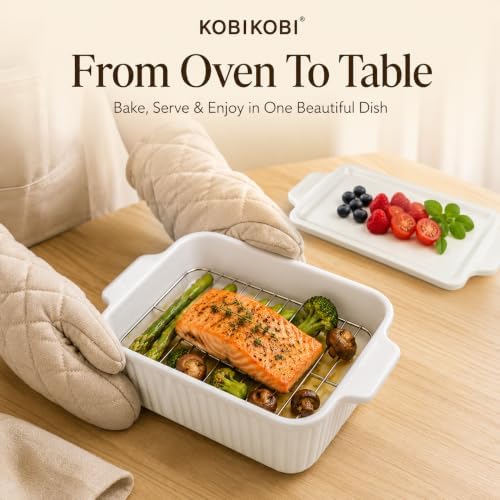 7-Inch Square Ceramic Baking Dish Set with Lids and Racks, 2 Pack
