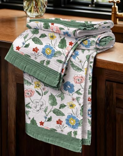 Miss Adola 2pcs Cotton Waffle Kitchen Towels, Vibrant Botanical