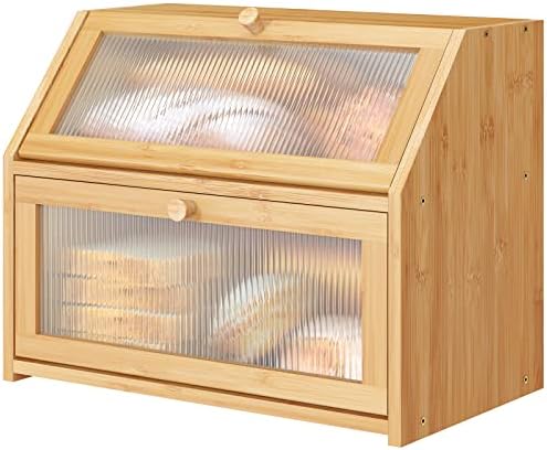 Bread Box for Kitchen Counter, Large Bamboo Wood Double Layer Bread Box, Wooden Bread Storage Capacity