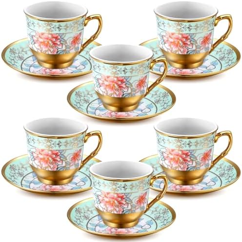 6 Pcs Green 3 oz Vintage Floral Tea Cup Set, Porcelain Gold Rim