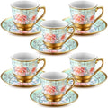 6 Pcs Green 3 oz Vintage Floral Tea Cup Set, Porcelain Gold Rim