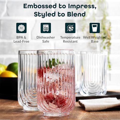 Glaver's Drinking Glasses Set of 8. 17oz Vintage Drinking Cups. Ripple