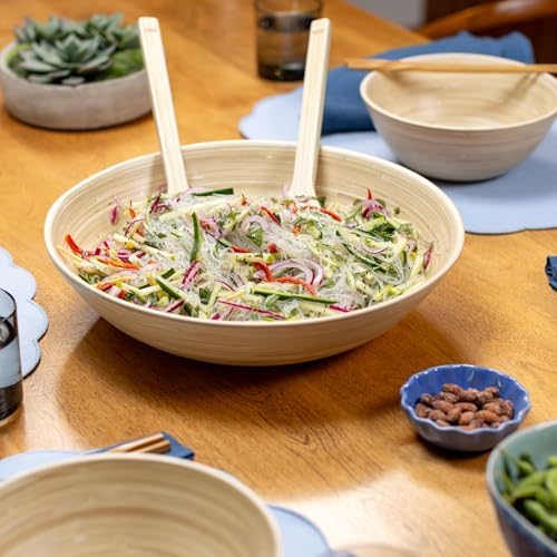 LEXA 14" Handmade Bamboo Salad Bowl – 130 oz Large Wooden Fruit Bowl