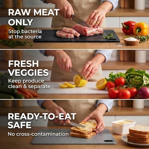 Plastic Cutting Boards Set of 3 with Holder, Stone-Look Color-Coded