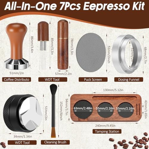 7 Pcs 51 mm Espresso Tamper Set, Barista Accessories Kit WDT