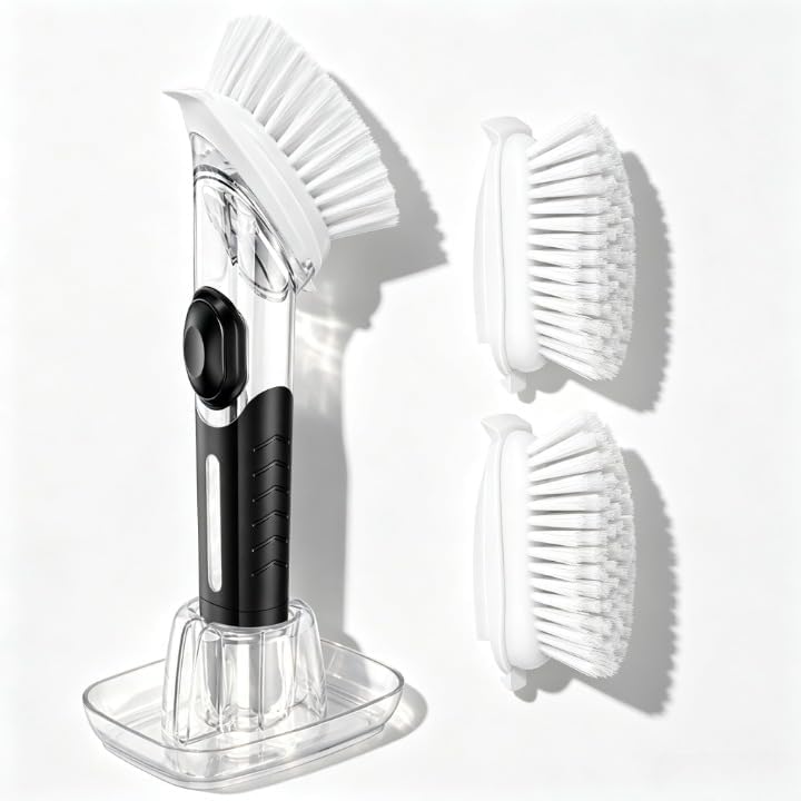 Soap Dispensing Dish Brush with Holder and 2 Refill Heads