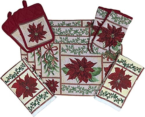 Set of 10, Red Poinsettia Flower Christmas Design Tapestry Kitchen