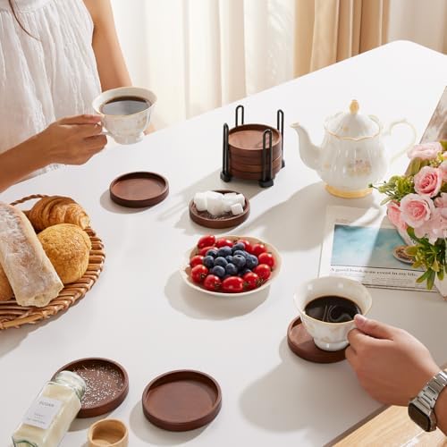 Set of 6 Wooden Coasters with Holder-Coffee Table Coasters for Drink