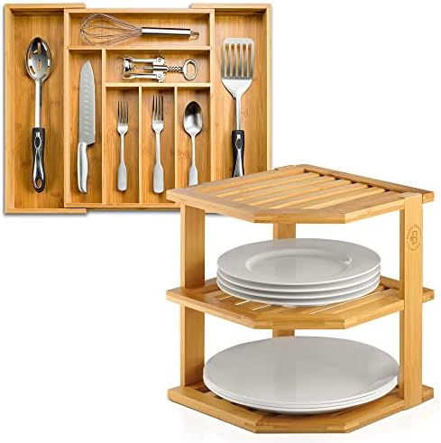 Bamboo Corner Kitchen Shelf and Expandable Bamboo Silverware Organizer