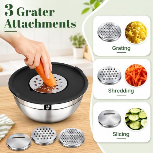 8PCS Mixing Bowls with Lids Set - 5 Nesting Mixing Bowls, 3 Grater Attachments, Lids, Stainless Steel Mixing Bowls for Mixing & Serving, Size 1.5/2.1/3.5/4/4.5 QT, Black