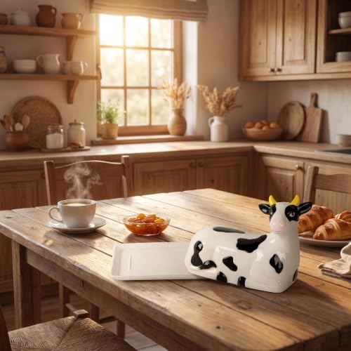 Ceramic Butter Dish with Lid Hand-Painted Cow Farmhouse Design