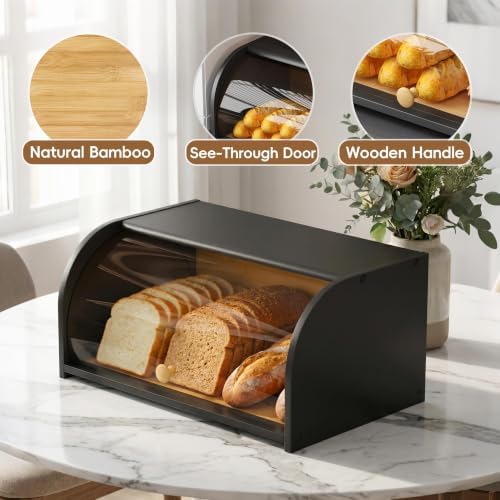 Roll Top Bread Box for Kitchen Countertop with Clear Lid