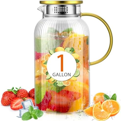 Honeydak 1 Gallon/128 oz Glass Pitcher with Lid and Handle, Heat