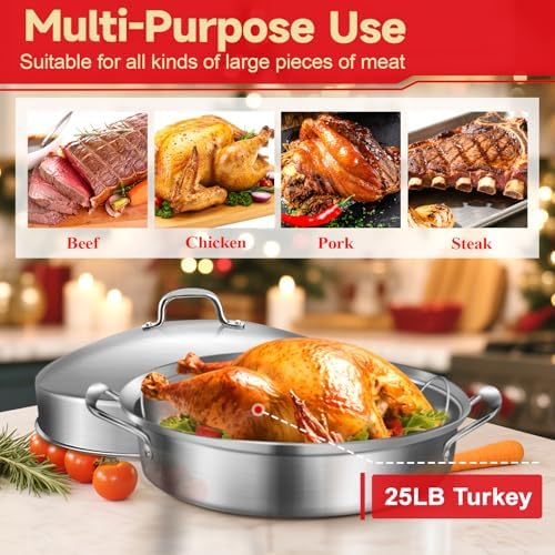 21 Inch Stainless Steel Roasting Pan with Rack and Lid For Turkey