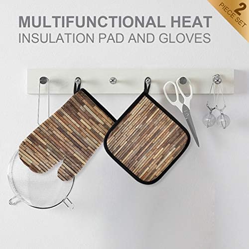 QMXO Abstract Vintage Wooden Brown Oven Mitts Quilted Cotton Lining