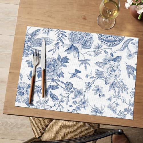 Artoid Mode Blue Floral Brids Spring Vinyl Placemats Set of 4