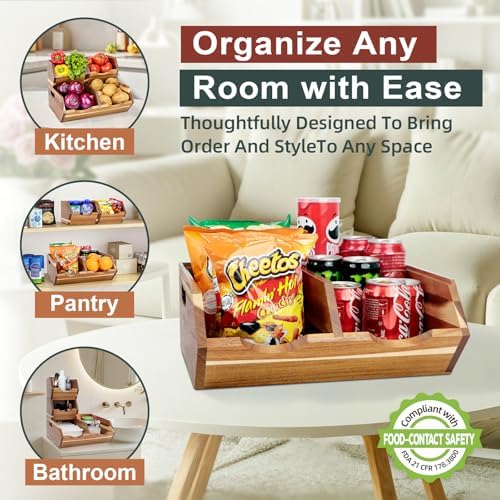 Acacia Wood Pantry Storage Bins, Stackable 3-piece set