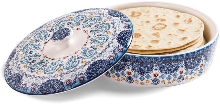 Bico Ceramic Tortilla Warmer with Lid, 8.9 Inch, Blue Talavera