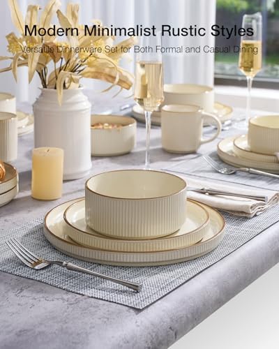 Famiware Stoneware Dinnerware Set for 8, Rimmed Plates, Bowls, Cream Dishes
