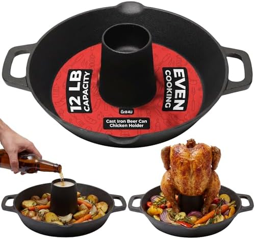 Cast Iron Vertical Chicken Roaster with Drip Pan - Beer Can Holder for