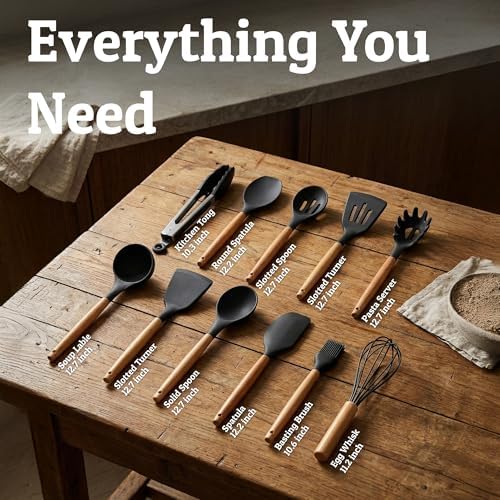 PriorityChef Silicone Cooking Utensil Set, Wooden Handles, Black