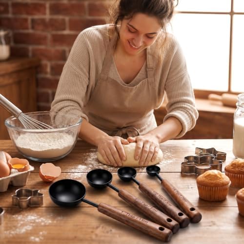 4 Pcs Wooden Handle Measuring Spoons, Black Stainless Steel Measuring