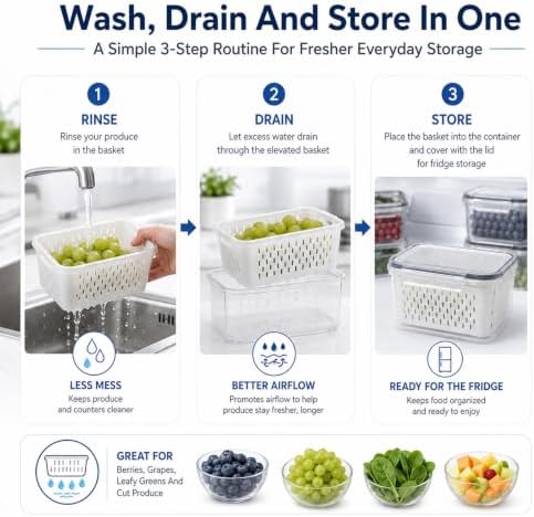 Fruit Storage Containers, Produce Saver Bins With Drain Basket And