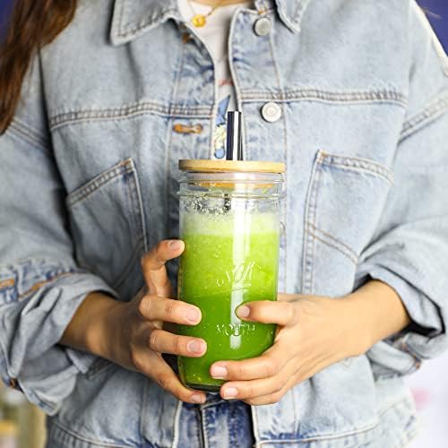 Mason 4 Pack Reusable Tea Cups, Glass Jars 24oz Wide Mouth Smoothie