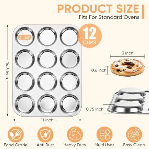 TeamFar Muffin Top Pan, 12 Cavity Stainless Steel Shallow Cupcake Pan