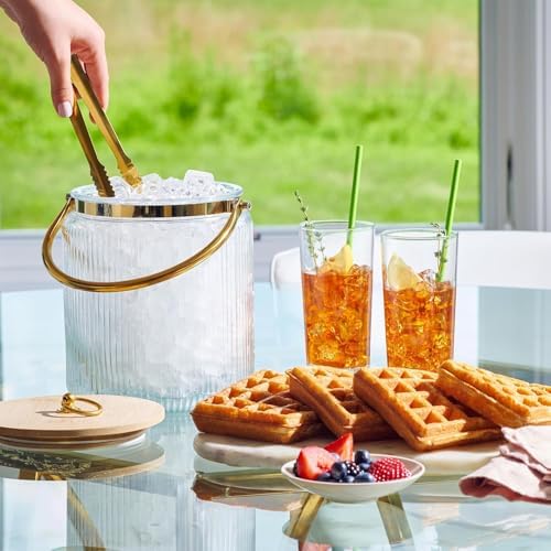 Le'raze Glass Ice Bucket with Airtight Lid, Tong Scooper and Handle