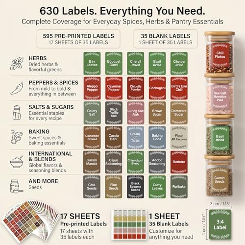 630 Spice Labels Book with A-Z Index, Color Coded Rectangle Pantry