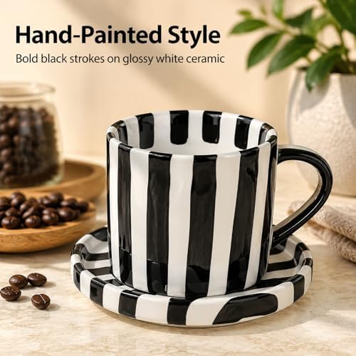 Black and White Striped Tea Cup and Saucer Set of 2, 8 oz Ceramic