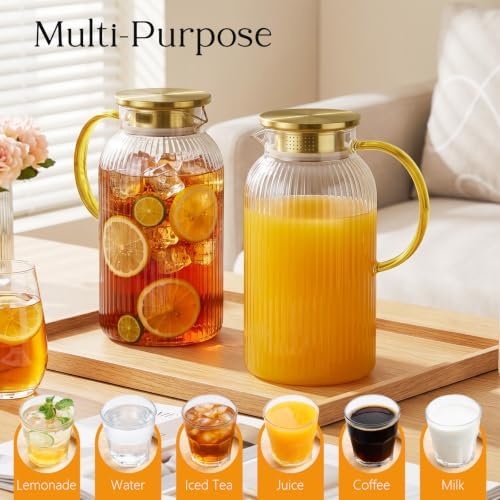 68 oz Glass Pitcher with Lid, Water Pitcher for Tea, Juice, Drink
