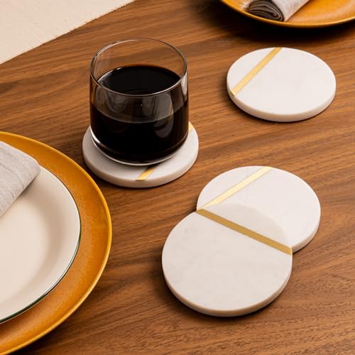 Cork & Mill Marble Coasters with Gold Brass Inlay, White, Set of 6