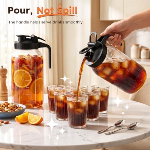 Mason Jar Pitcher Set of 2, 64oz (2quart) Glass Pitcher with Lid for