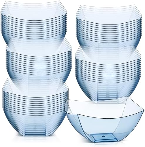 Tanlade 50 Pcs Square Plastic Serving Bowls Disposable Salad, Blue