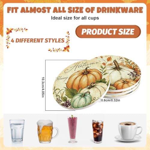 Whaline 4Pcs Fall Thanksgiving Coasters Vintage Autumn Pumpkin Ceramic