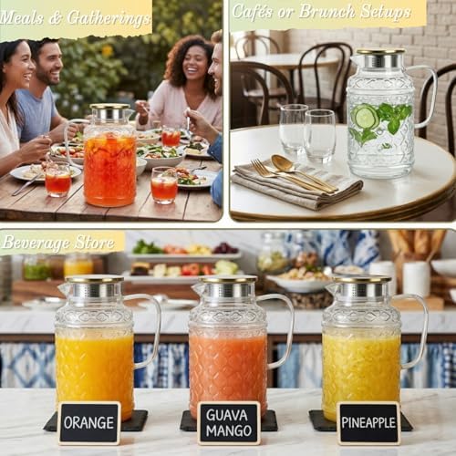 AVLA 2 Pack 2 Liter Glass Pitcher with Lid and Handle, Large