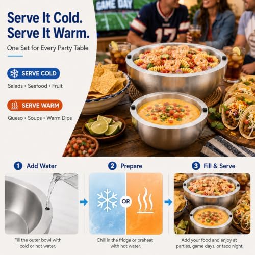 Chilled Serving Bowls with Silicone Lids, 18 oz & 35 oz Stainless Steel Dip Chiller Set to Keep Food Cold, Double Wall Freezer Bowls with Spoon and Fork for Parties, Salads and Seafood