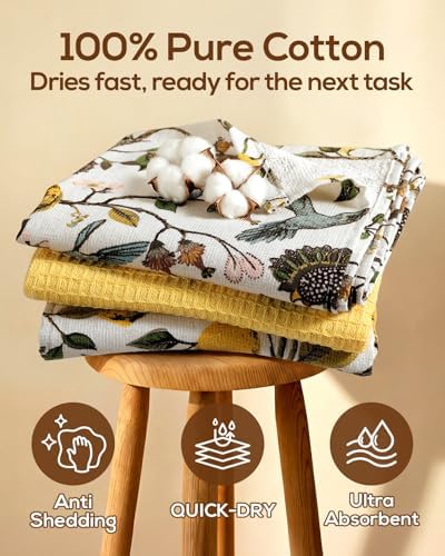 Miss Adola 3pcs 270GSM Cotton Kitchen Towels, Lemon Bird