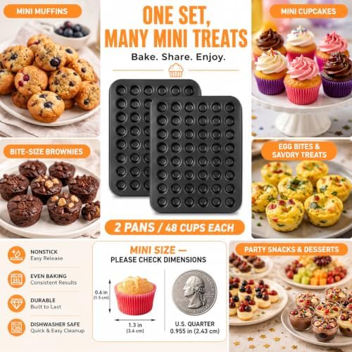 2 Pack Mini Muffin Pan 48 Cup, MICRO-sized Cupcake Pans for Baking