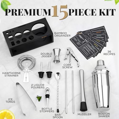 Mixology Bartender Kit with Stand - 15 Piece Bar Tool Set, Silver Bar