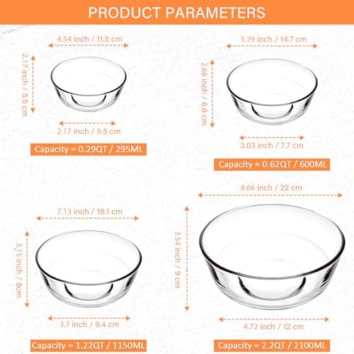 Glass Mixing Bowls Set of 4 - Stackable Kitchen Prepping, Baking