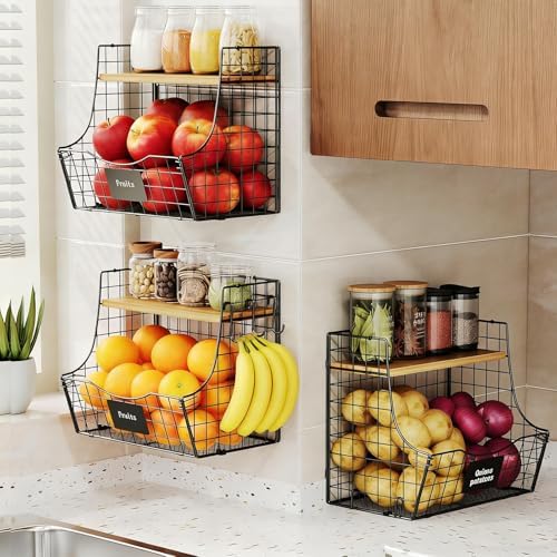 3 Pack Wire Fruit Baskets with Wood Lid