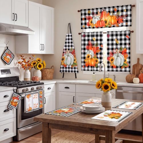 Tiamon 17 Pcs Fall Kitchen Set, Buffalo Pumpkin, Curtains Apron Mitts