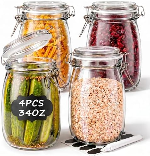 Glass Jars with Airtight Lid 34 oz 4 Pack Wide Mouth