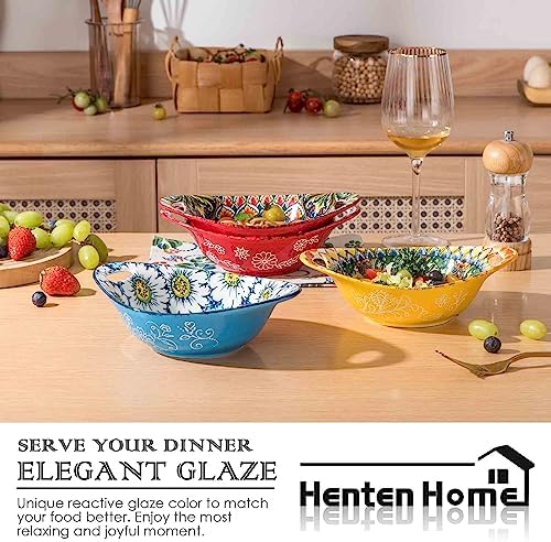 Henten Home Ceramic 19 oz Salad Bowls, Boho Soup Bowl with Handle, Set
