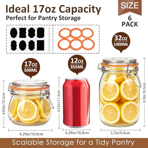 Small Glass Jars with Airtight Lids 17 oz, 6 Pack Mason Jars