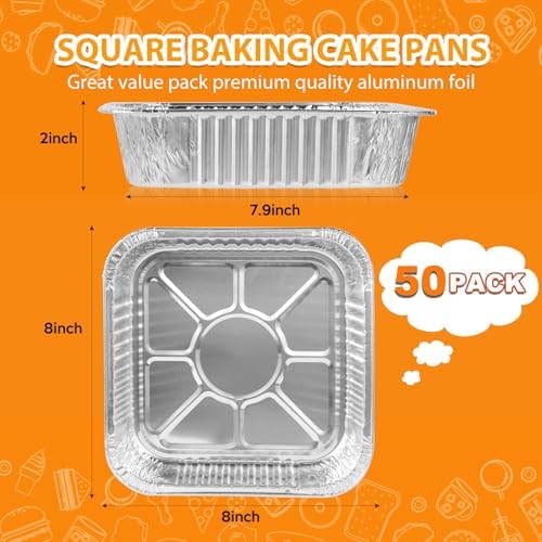 8x8 Foil Pans 50 Pack, Heavy Duty Square Aluminum Baking Pans