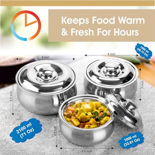 SIGNORA WARE Large Insulated Casserole Dish with Lid Set of 3. Stainless steel Hot Pot Food Warmer/Cooler -Thermal Soup/Salad Serving Bowl Stainless Steel Hot Food Container–Best Gift Set for Moms